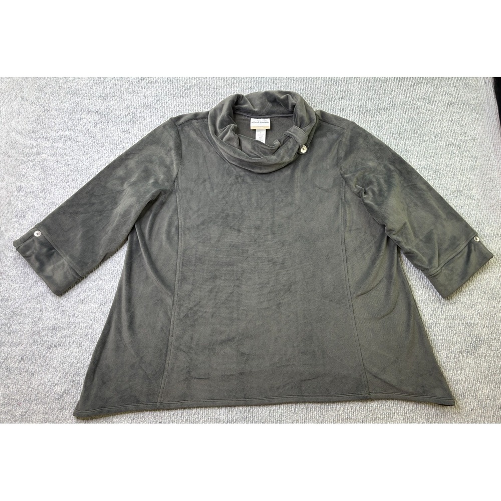 Alfred Dunner Women 2X Gray Velour Cowl Neck Tunic Top 3/4 Sleeve Stretch